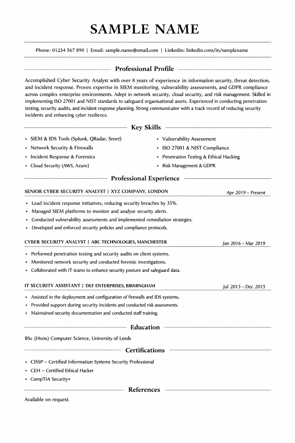 Cyber Security CV Sample