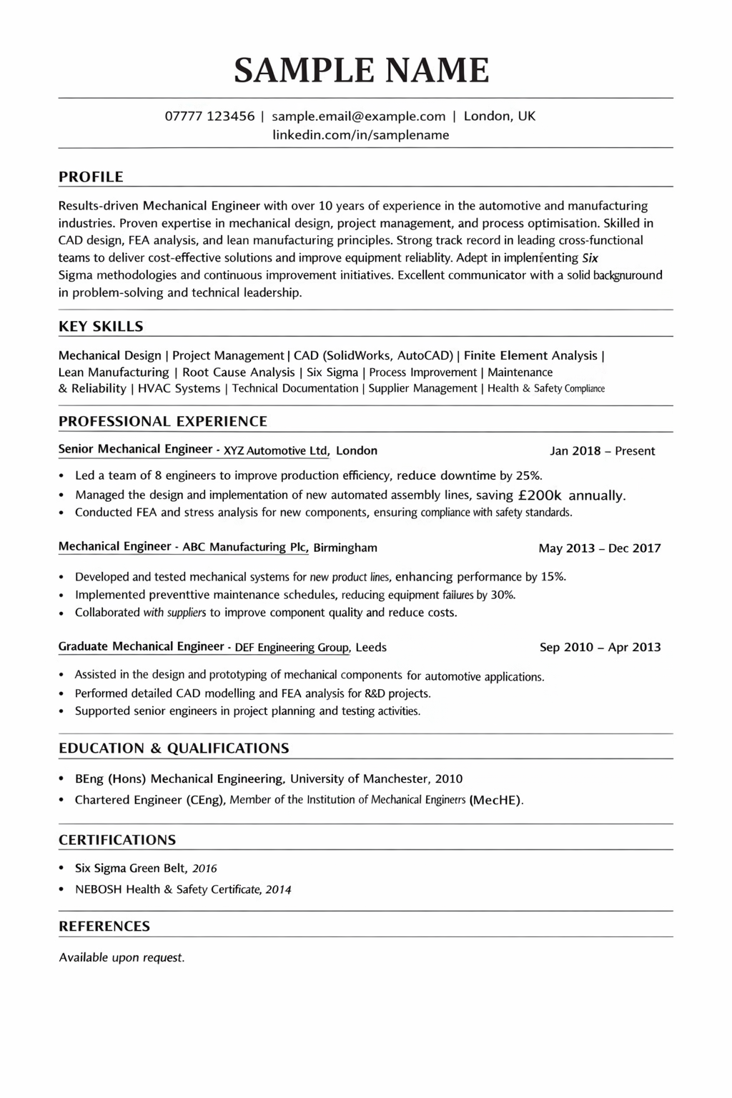 Mechanical Engineering CV Sample