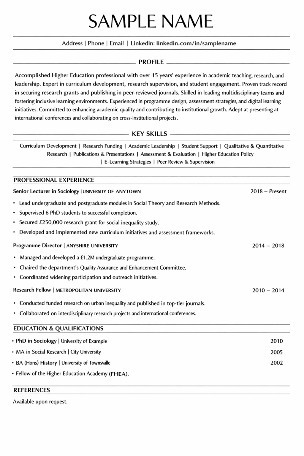 Higher Education CV Sample