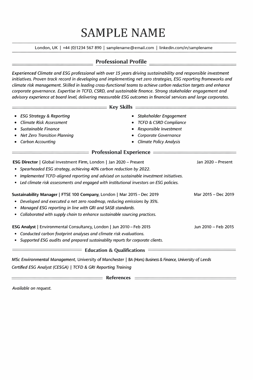 Climate and ESG CV Sample